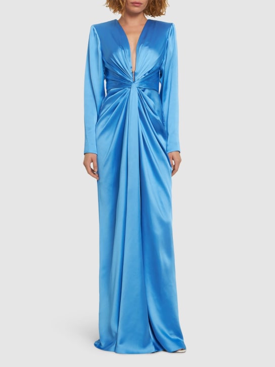 Zuhair Murad: Robe longue en satin léger drapé - Bleu - women_1 | Luisa Via Roma