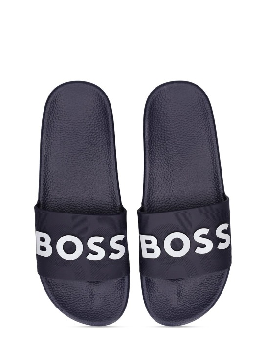 Boss: Logo print rubber slide sandals - Navy - kids-boys_1 | Luisa Via Roma