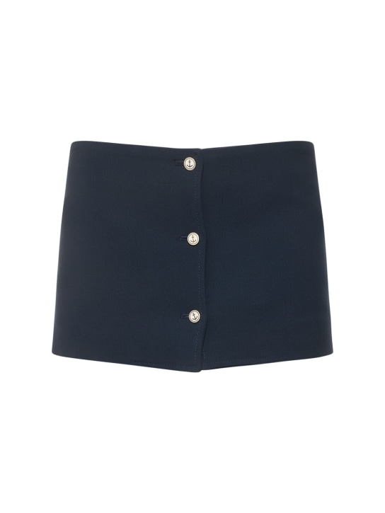 Thom Browne: Wool crepe low rise mini skirt w/buttons - Navy - women_0 | Luisa Via Roma