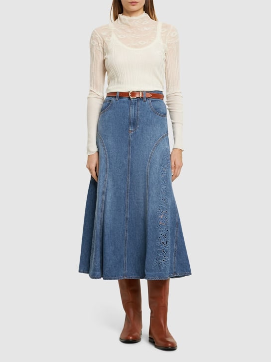 Chloé: Cotton & linen embroidered midi skirt - Blue - women_1 | Luisa Via Roma