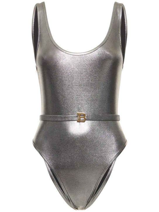 Balmain: Belted metallic one piece swimsuit - Silver - women_0 | Luisa Via Roma