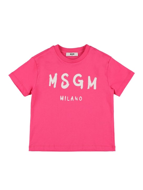 MSGM: 프린트 로고 코튼 저지 티셔츠 - 자홍색 - kids-girls_0 | Luisa Via Roma