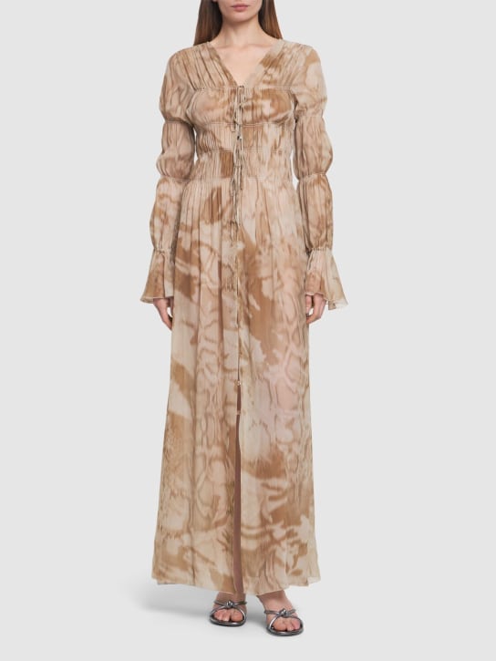 Blumarine: Gathered printed viscose long dress - Multi/Beige - women_1 | Luisa Via Roma