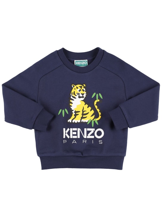 Kenzo Kids: Sweat-shirt en coton à col rond - Bleu Marine - kids-boys_0 | Luisa Via Roma