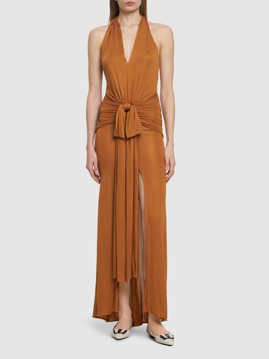 Blumarine: Vestido largo drapeado de viscosa - Naranja - women_1 | Luisa Via Roma
