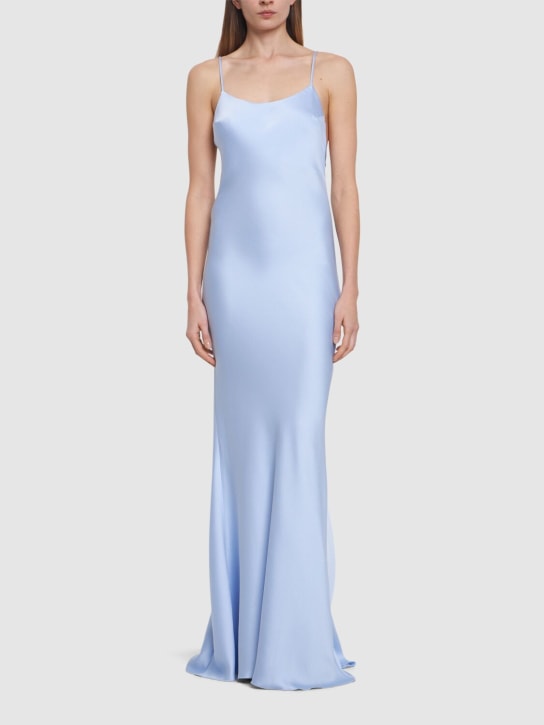 The Andamane: Bedrucktes Maxi-Slip-Kleid aus Satin „Ninfea“ - Blau - women_1 | Luisa Via Roma