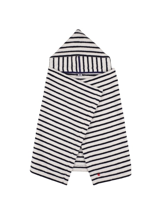 Petit Bateau: Striped cotton towel w/ hood - White/Navy - kids-boys_0 | Luisa Via Roma