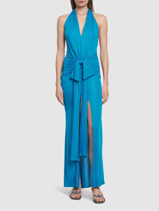 Blumarine: Vestido largo drapeado de viscosa - Azul - women_1 | Luisa Via Roma
