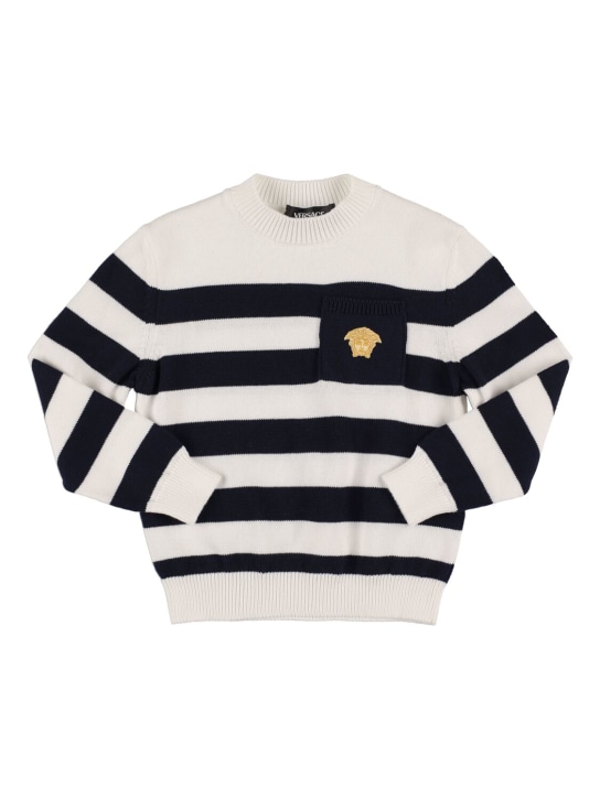 Versace: Printed marine knit sweater - White/Navy - kids-boys_0 | Luisa Via Roma