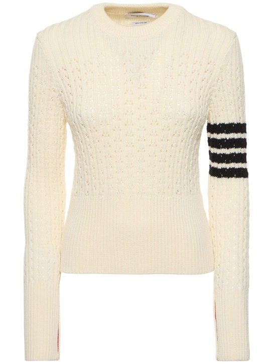 Thom Browne: Wool rib knit crewneck sweater - Beige/Black - women_0 | Luisa Via Roma