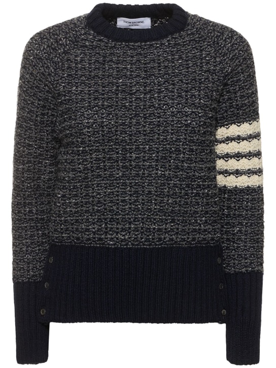 Thom Browne: Wool & mohair knit crew neck sweater - Navy/Beige - women_0 | Luisa Via Roma