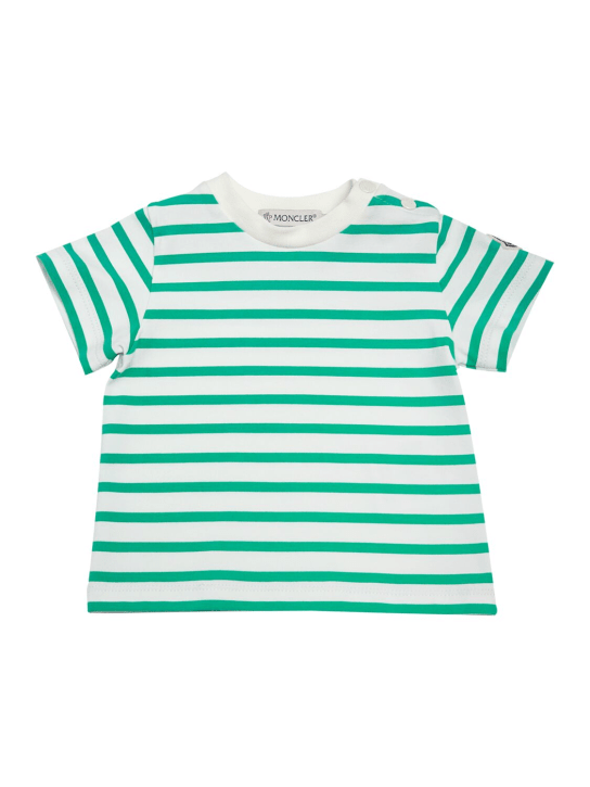 Moncler: T-shirt en coton stretch - Blanc/Vert - kids-boys_0 | Luisa Via Roma