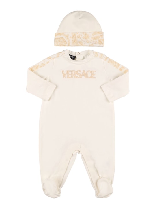 Versace: Pelele y gorrito de algodón jersey con manga larga - Blanco/Beige - kids-boys_0 | Luisa Via Roma