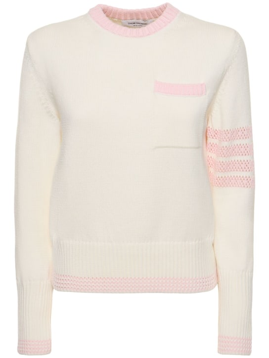 Thom Browne: Cotton knit 4 stripe sweater w/ pocket - White/Pink - women_0 | Luisa Via Roma