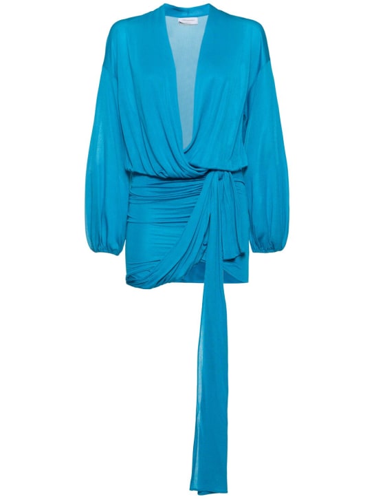 Blumarine: Draped viscose jersey mini dress w/bow - Blue - women_0 | Luisa Via Roma