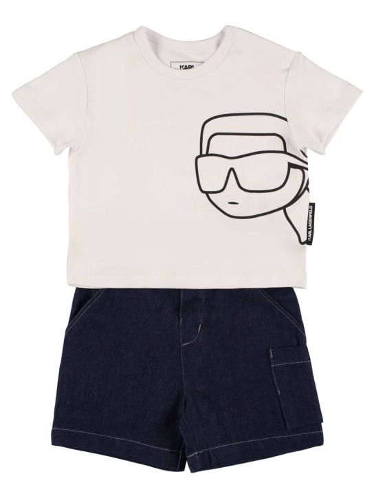 Karl Lagerfeld: T-shirt in misto cotone e shorts in denim - Bianco/Blu - kids-boys_0 | Luisa Via Roma