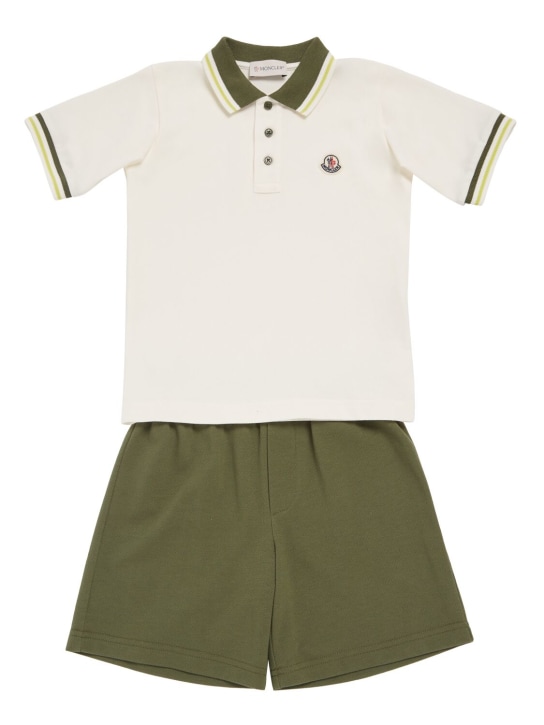 Moncler: Polo e shorts in cotone piqué - Bianco/Verde - kids-boys_0 | Luisa Via Roma