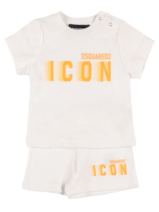 Dsquared2: T-shirt in jersey di cotone e shorts in felpa - Bianco/Arancione - kids-boys_0 | Luisa Via Roma