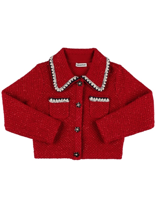 Self-portrait: Glittered cotton knit jacket - Red - kids-girls_0 | Luisa Via Roma