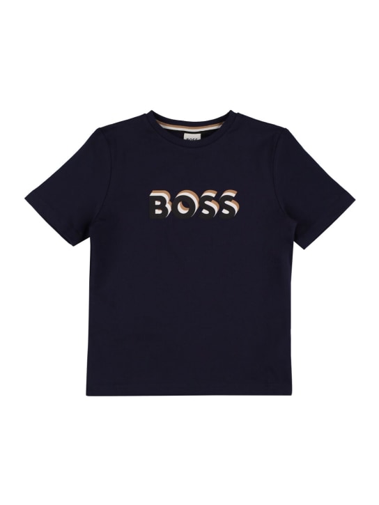 Boss: 로고 프린트 코튼 저지 티셔츠 - 네이비 - kids-boys_0 | Luisa Via Roma