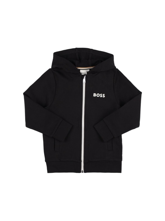 Boss: Cotton blend zip-up sweatshirt hoodie - Black - kids-boys_0 | Luisa Via Roma