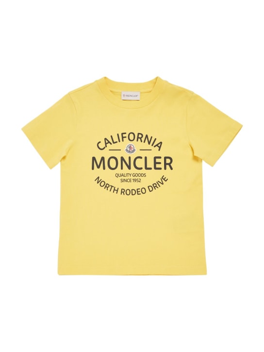 Moncler: T-shirt & short en jersey imprimé logo - Jaune/Bleu - kids-boys_1 | Luisa Via Roma