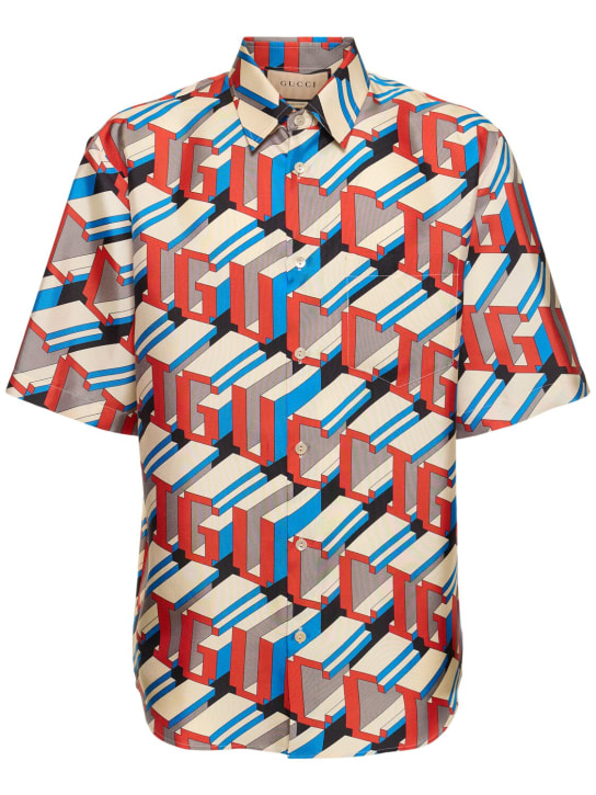 Gucci: Pixel Deep On logo silk shirt - Ivory/Red - men_0 | Luisa Via Roma