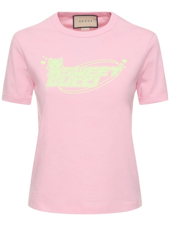 Gucci: T-Shirt aus Baumwolljersey mit Druck „70s“ - Sugar Pink - women_0 | Luisa Via Roma