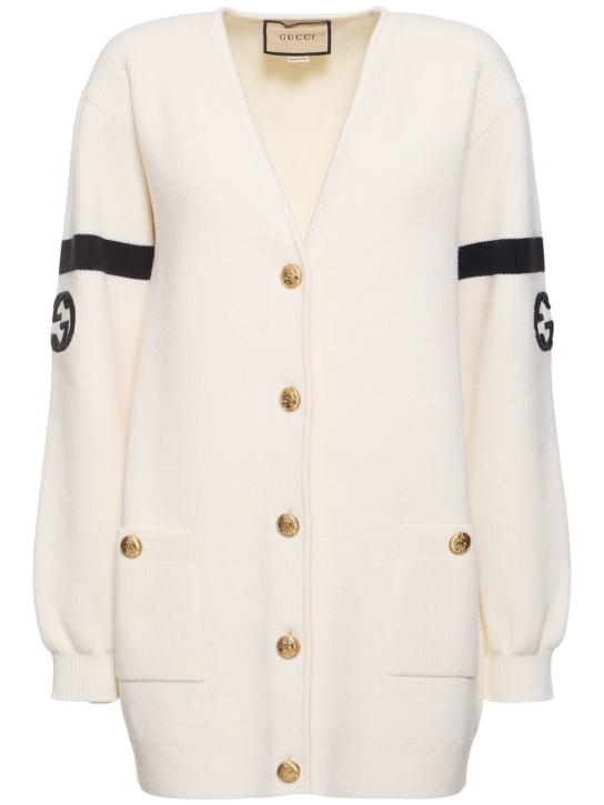 Gucci: Wool blend cardigan with Interlocking G - Ivory/Navy - women_0 | Luisa Via Roma