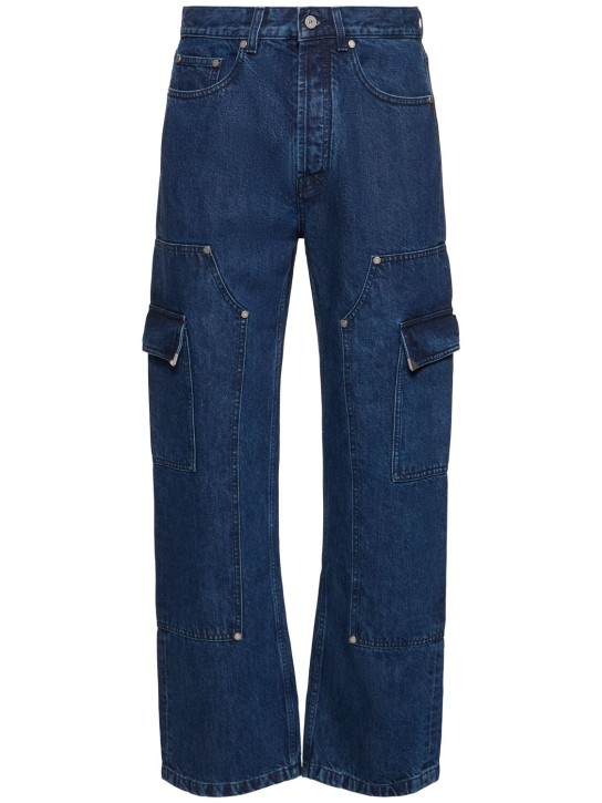 Palm Angels: Metal Frame cotton denim cargo jeans - Indigo Blue - men_0 | Luisa Via Roma