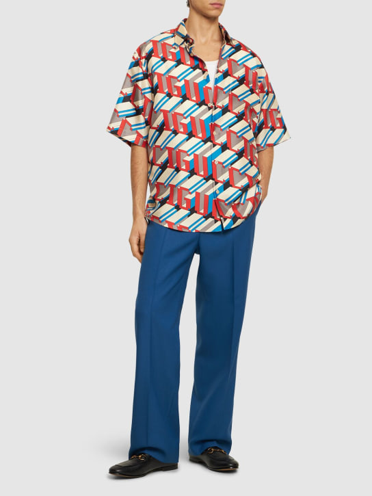 Gucci: Pixel Deep On logo silk shirt - Ivory/Red - men_1 | Luisa Via Roma