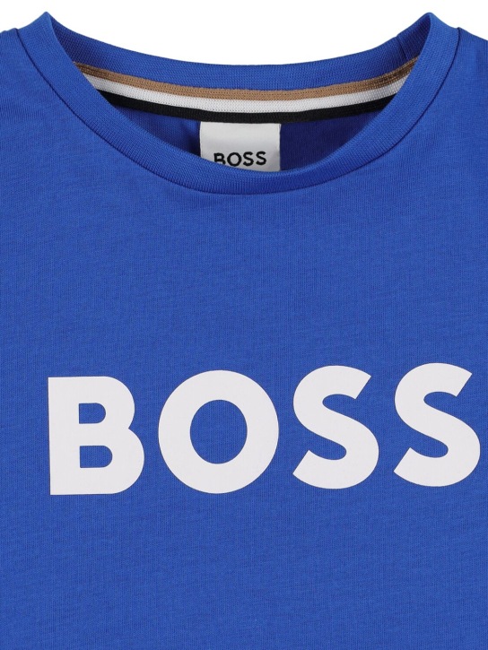 Boss: Logo print cotton jersey t-shirt - Blue - kids-boys_1 | Luisa Via Roma