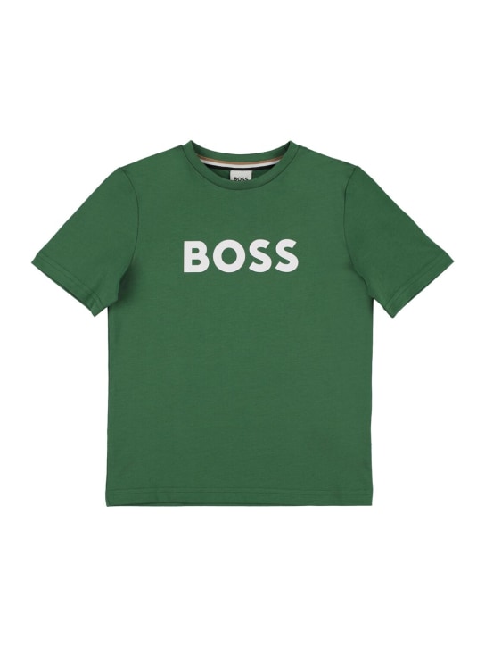 Boss: Logo print cotton jersey t-shirt - Green - kids-boys_0 | Luisa Via Roma