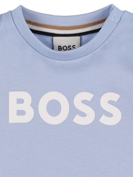 Boss: 로고 프린트 코튼 저지 티셔츠 - 라이트 블루 - kids-boys_1 | Luisa Via Roma