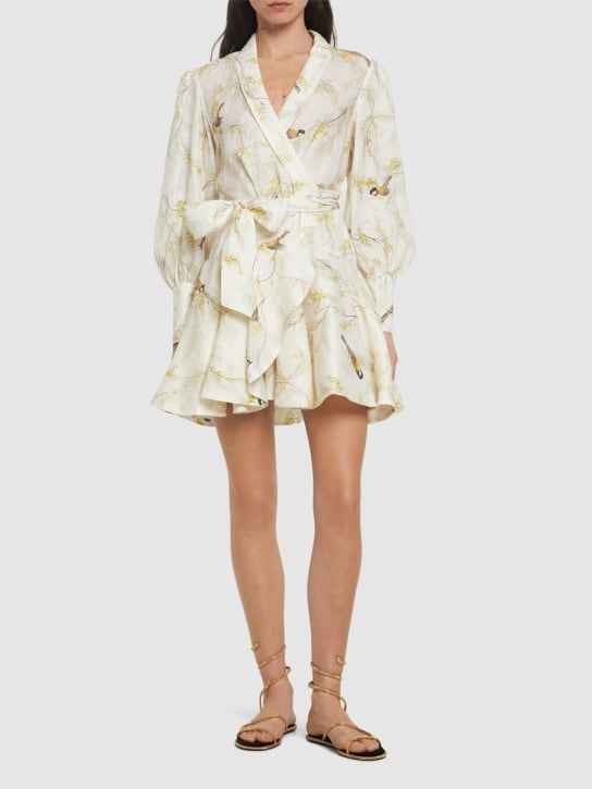 Zimmermann: Printed wraparound linen mini dress - Multi Ivory - women_1 | Luisa Via Roma
