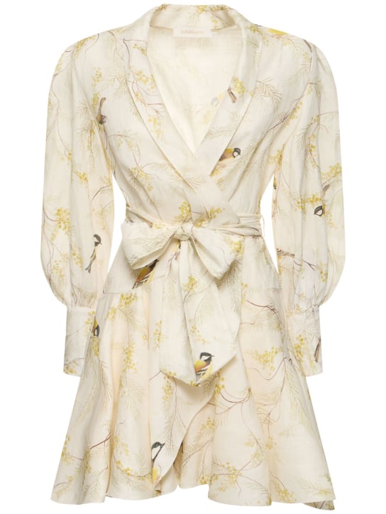 Zimmermann: Printed wraparound linen mini dress - Multi Ivory - women_0 | Luisa Via Roma