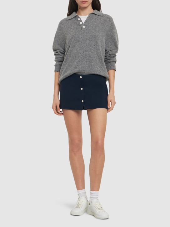 Thom Browne: Wool crepe low rise mini skirt w/buttons - Navy - women_1 | Luisa Via Roma