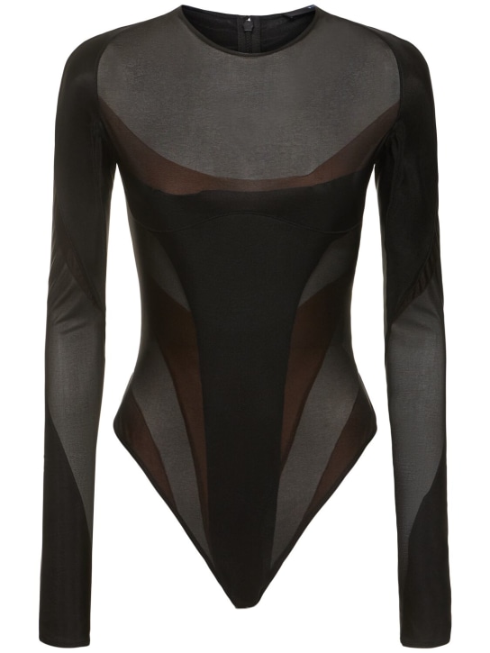 MUGLER: Body manches longues en jersey de nylon - Noir - women_0 | Luisa Via Roma