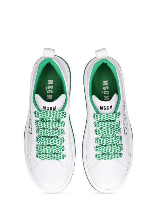 MSGM: Sneakers à lacets en cuir imprimé logo - Blanc/Vert - kids-boys_1 | Luisa Via Roma