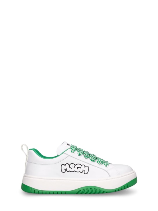 MSGM: Sneakers à lacets en cuir imprimé logo - Blanc/Vert - kids-boys_0 | Luisa Via Roma