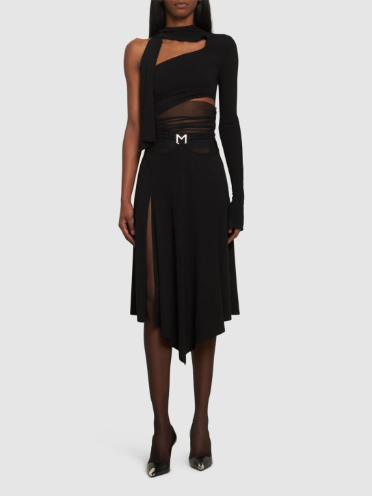 MUGLER: Jupe mi-longue en jersey ajouré à logo - Noir - women_1 | Luisa Via Roma