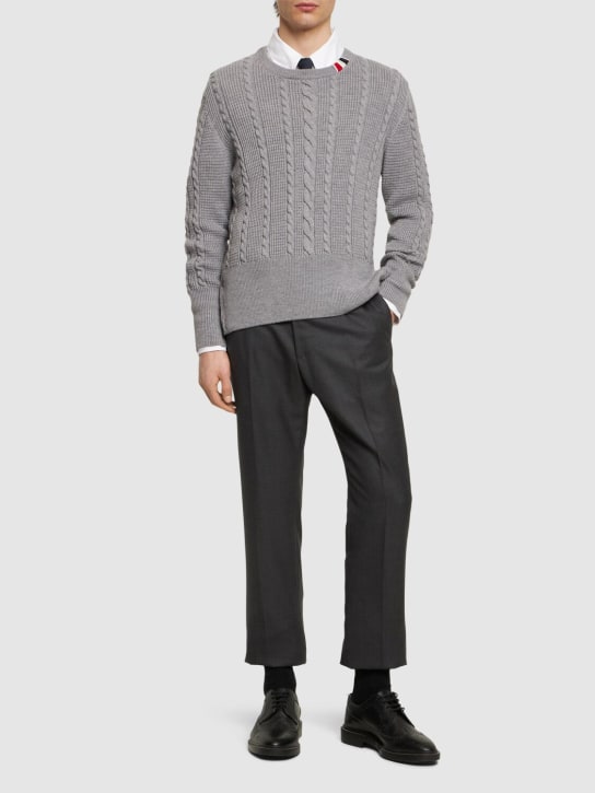 Thom Browne: Cable knit relaxed crewneck sweater - Lt Grey - men_1 | Luisa Via Roma