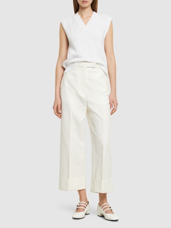 Thom Browne: Pantalon droit court en coton taille haute - Blanc - women_1 | Luisa Via Roma