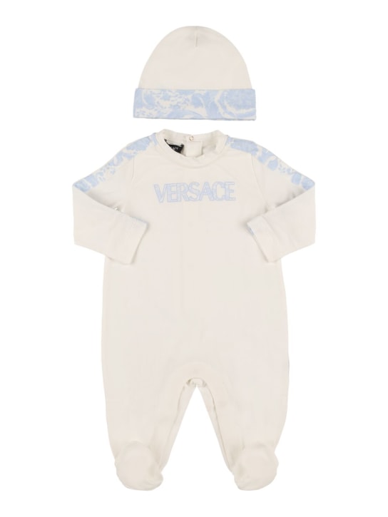 Versace: Pelele y gorrito de algodón jersey con manga larga - Blanco/Azul Claro - kids-boys_0 | Luisa Via Roma