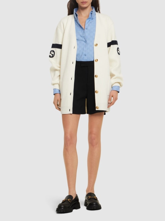 Gucci: Cardigan in maglia di lana con scollo a V - Avorio/Blu Navy - women_1 | Luisa Via Roma