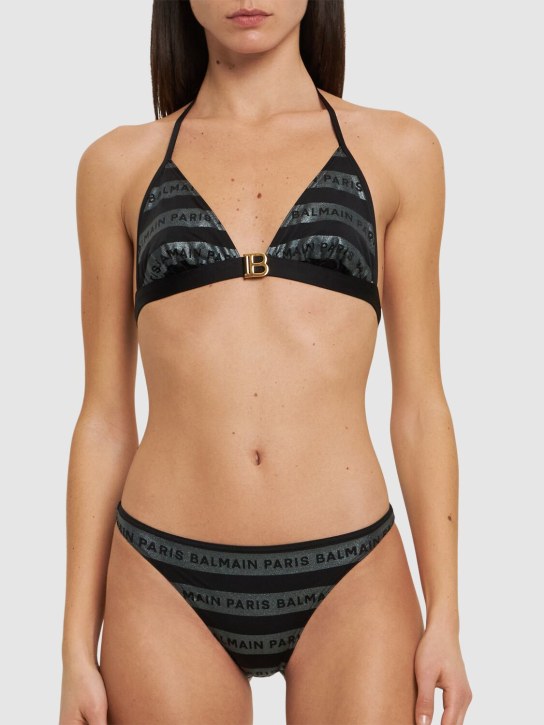 Balmain: Bikini triangle à rayures pailletées et logo - Multi Noir - women_1 | Luisa Via Roma
