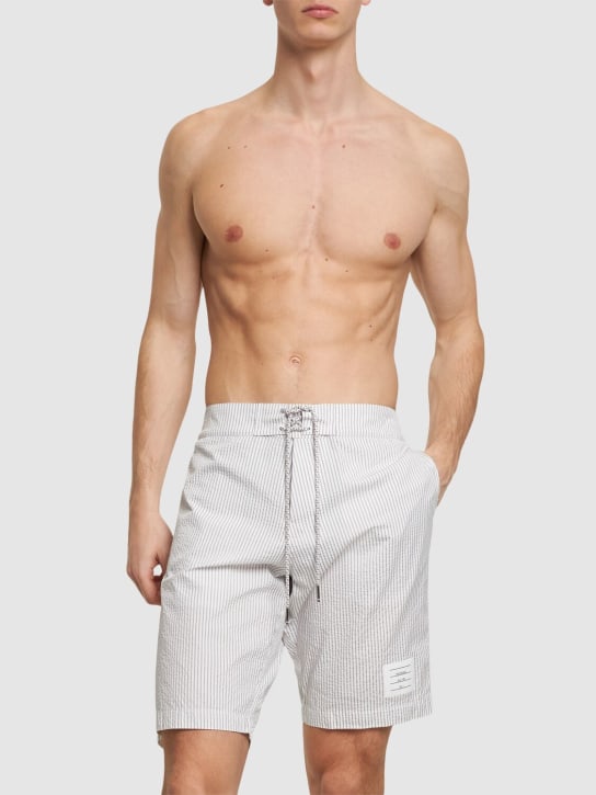 Thom Browne: Seersucker swim shorts - Med Grey - men_1 | Luisa Via Roma
