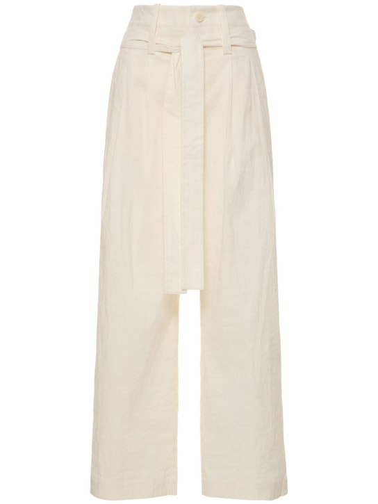 ISSEY MIYAKE: 系腰带亚麻混纺裤子 - 白色 - women_0 | Luisa Via Roma