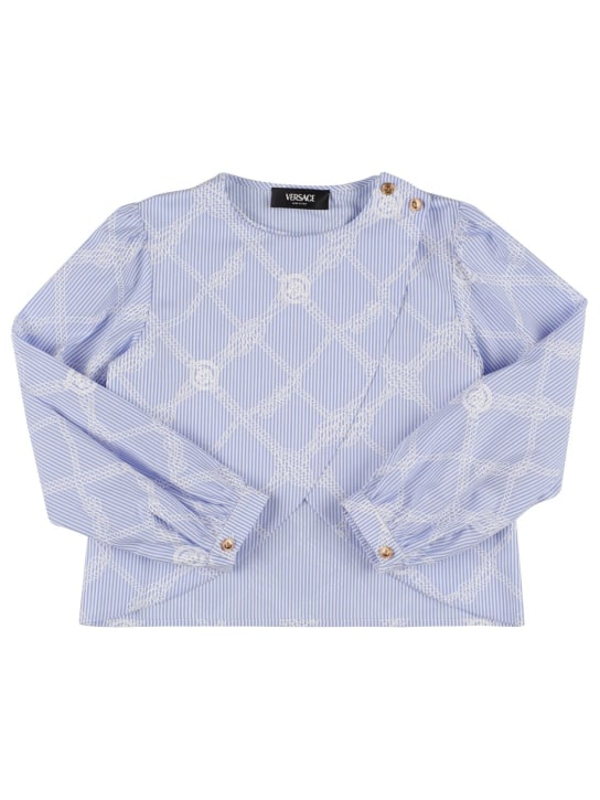 Versace: Check print cotton poplin shirt - Light Blue - kids-girls_0 | Luisa Via Roma