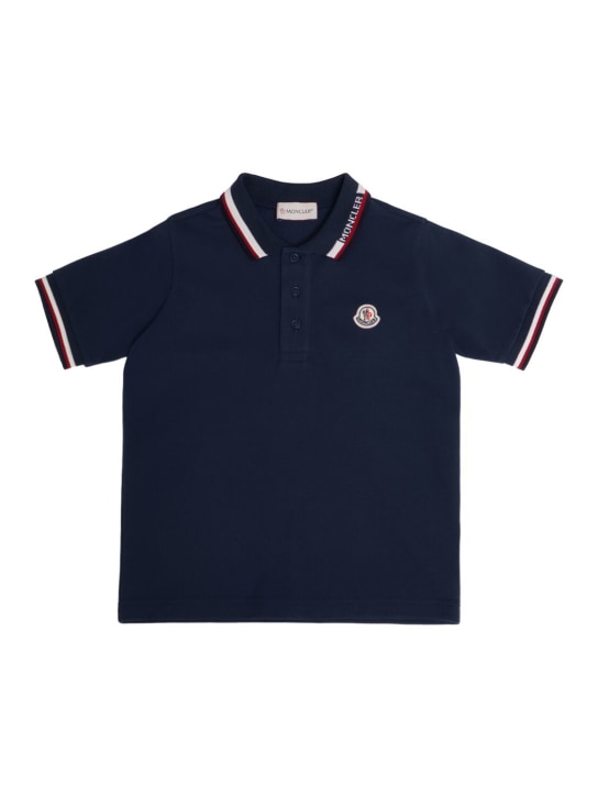 Moncler: Logo cotton piquet polo shirt - Blu Notte - kids-boys_0 | Luisa Via Roma
